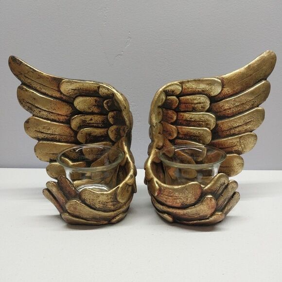 Cracker Barrel Angel Wing Tealight Candle Holders Set Gold Inspirational Votive